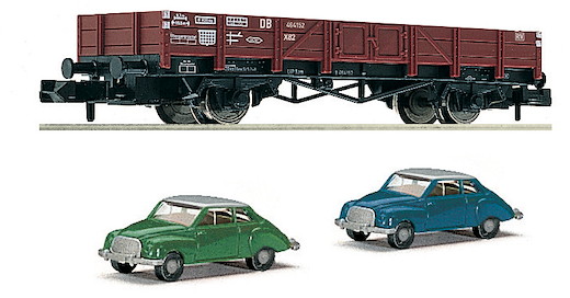 Niederbordwagen Bauart X 90 mit 2 Automodellen DKW 3=6, DB