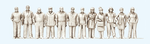 Stehende Frauen und Männer. 12 unbemalte Miniaturfiguren. Bausatz