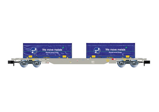4-achsiger Containertragwagen mit 2x blau 22' coil Container RHEINKRAFT, SBB