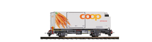 RhB Lb-v 7877 Tragwagen mit Coop-Container "Karotte"