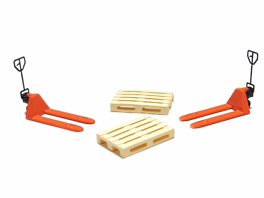 2 orange Palettenheber y 2 Europaletten