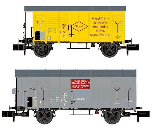 SBB 2 gedeckte Güterwagen 1x K2 Maggi, 1x K3 Le Coultre, grau, Ep. II