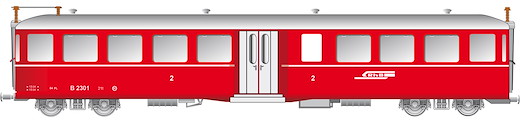 RhB Mitteleinstiegwagen Fliegender Rätier B2301 rot RhB Logo