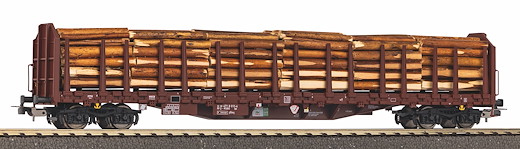 Stammholztransportwagen Roos-t642 mit Holzladung RSBG VI, Privatbahn