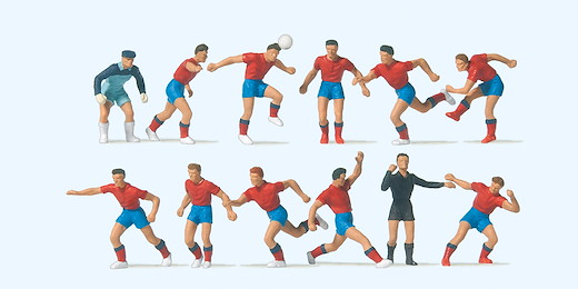 Fussballmannschaft, rote Trikots, blaue Hosen