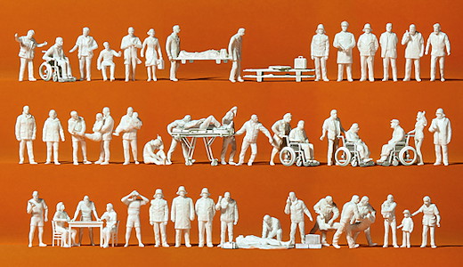 Rettungsdienst. 52 unbemalte Miniaturfiguren. Zubehör. Bausatz