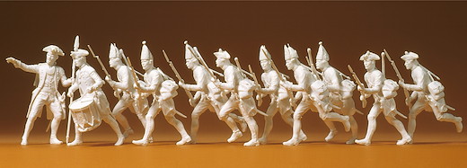 Preussen 1756, Offizier und Mannschaft stürmend, 11 unbemalte Figuren