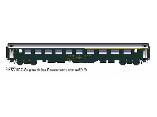UIC-X RIC ABm 1/2'cl grün, altes Logo, 10 Abteile, silbernes Dach, SBB Ep.IVa neue Nummer