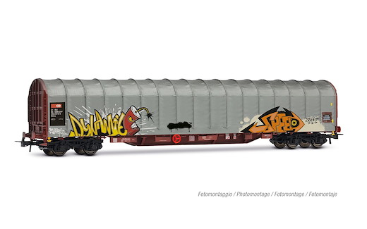 SBB 4-achsiger Schiebeplanenwagen Rils, grau mit Graffiti, Ep. V