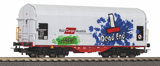 Schiebeplanenwagen Rail Cargo Austria VI mit Graffiti, Privatbahn