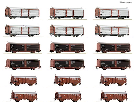 18-tlg. Display: Rangierbahnhof/Schiebedach-/Schiebewandwagen, DB